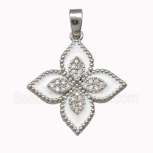 Copper Clover Pendant Micro Pave Zirconia White Enamel Platinum Plated