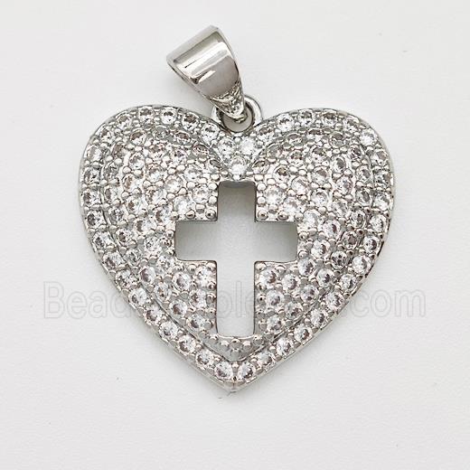 Copper Heart Pendant Micro Pave Zirconia Cross Platinum Plated