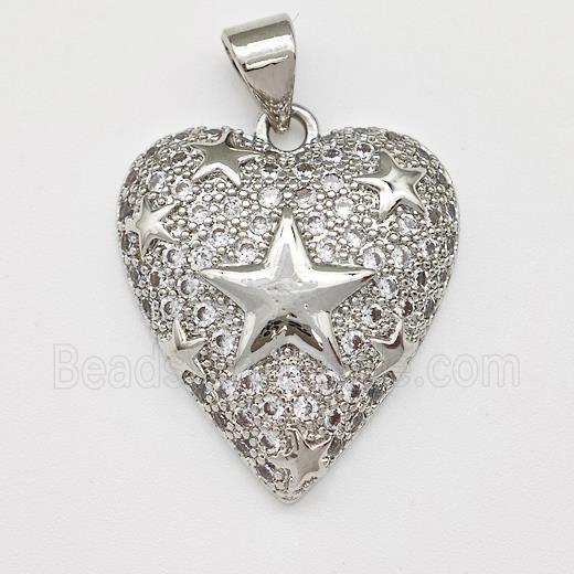 Copper Heart Pendant Micro Pave Zirconia Star Platinum Plated