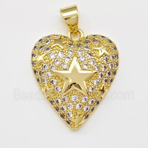 Copper Heart Pendant Micro Pave Zirconia Star Gold Plated