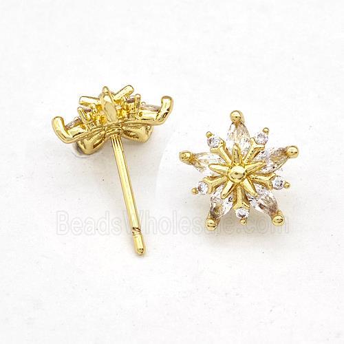 Copper Flower Stud Earring Micro Pave Zirconia Gold PLated