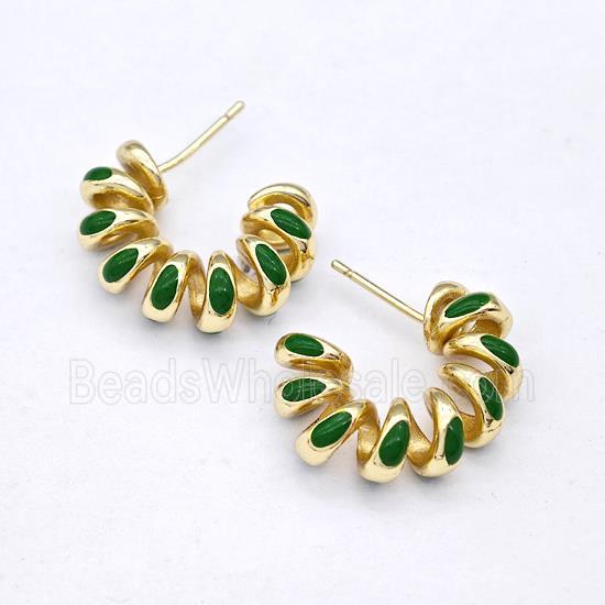 Copper Stud Earring Green Enamel Gold Plated