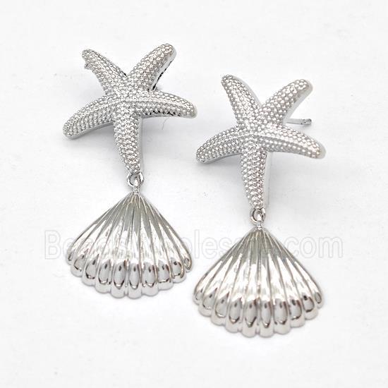 Copper Starfish Stud Earring With ScallopShell Platinum Plated
