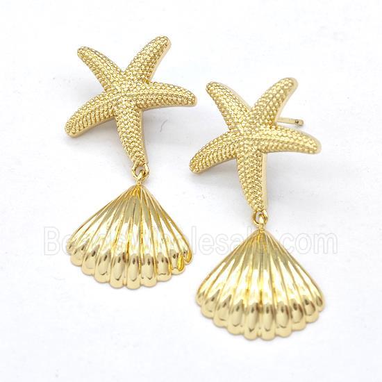 Copper Starfish Stud Earring With Sea Shell Gold Plated