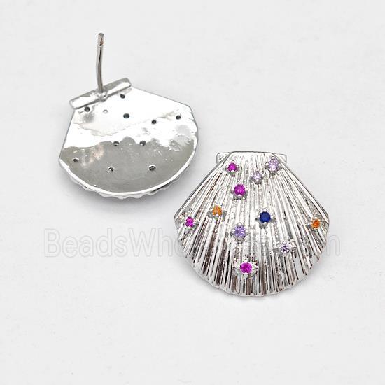 Copper ScallopShell Stud Earring Micro Pave Zirconia Platinum Plated