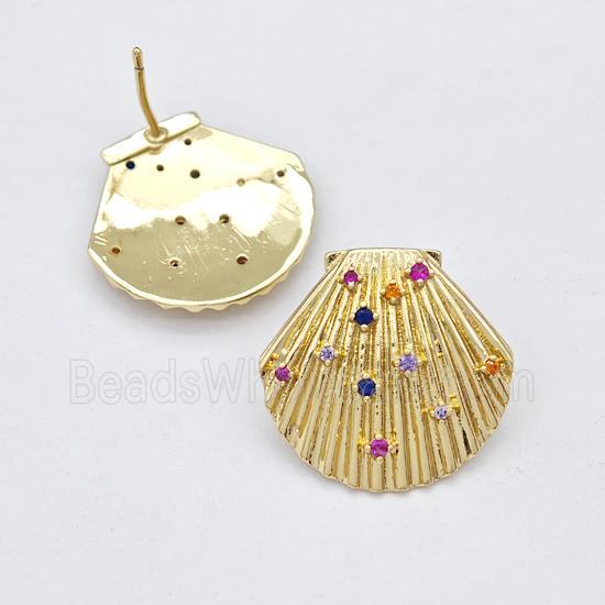 Copper ScallopShell Stud Earring Micro Pave Zirconia Gold Plated