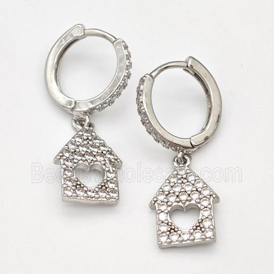 Copper House Hoop Earrings Pave Zirconia Platinum Plated