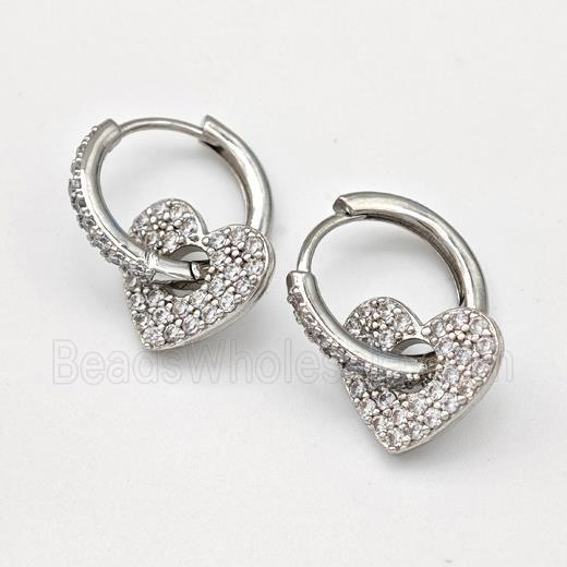 Copper Hoop Earrings Heart Pave Zirconia Platinum Plated