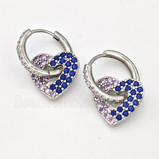 Copper Hoop Earrings Heart Pave Zirconia Platinum Plated