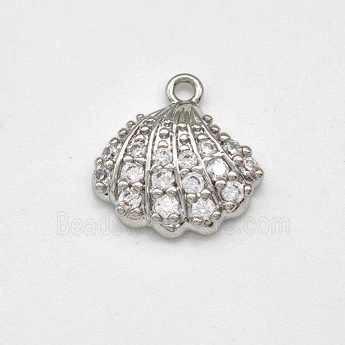 Scallop Shell Charms Copper Pendant Micro Pave Zirconia Platinum Plated