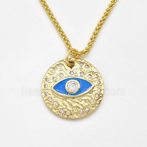 Copper Evil Eye Necklace Pave Zirconia Blue Enamel Gold Plated