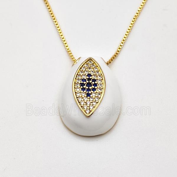 Copper Evil Eye Necklace Pave Zirconia White Enamel Teardrop Gold Plated