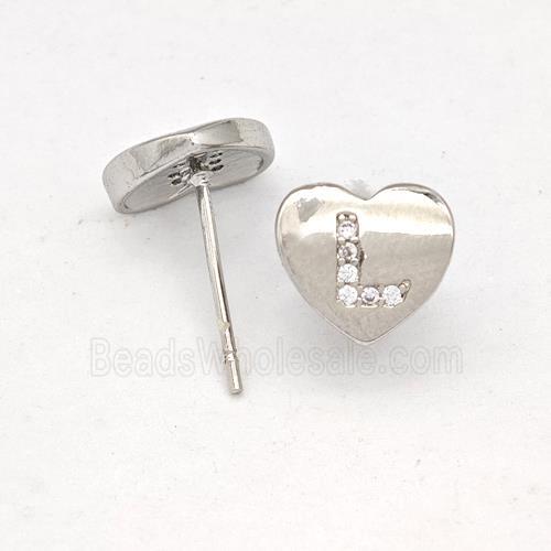 Copper Heart Stud Earring Pave Zirconia Letter-L Platinum Plated
