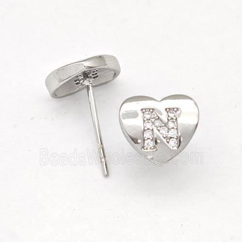 Copper Heart Stud Earring Pave Zirconia Letter-N Platinum Plated