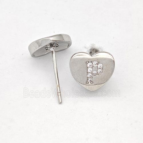 Copper Heart Stud Earring Pave Zirconia Letter-P Platinum Plated