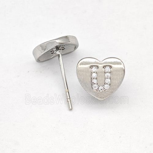 Copper Heart Stud Earring Pave Zirconia Letter-U Platinum Plated