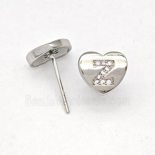 Copper Heart Stud Earring Pave Zirconia Letter-Z Platinum Plated