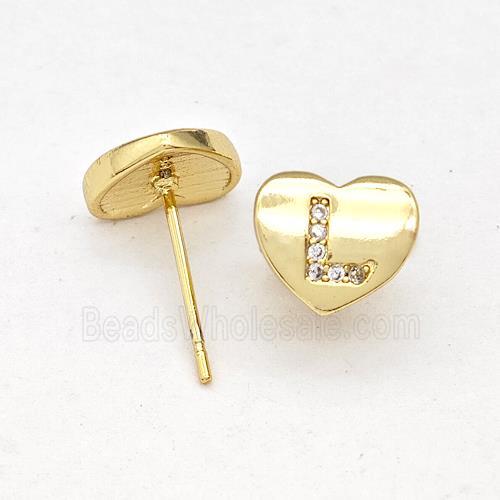 Copper Heart Stud Earring Pave Zirconia Letter-L Gold Plated