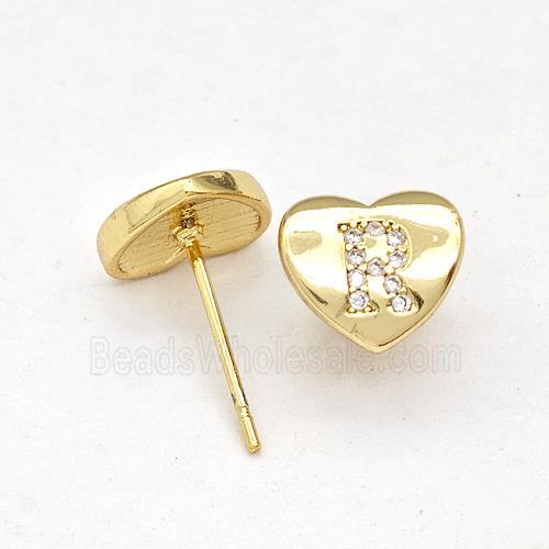 Copper Heart Stud Earring Pave Zirconia Letter-R Gold Plated