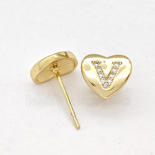 Copper Heart Stud Earring Pave Zirconia Letter-V Gold Plated