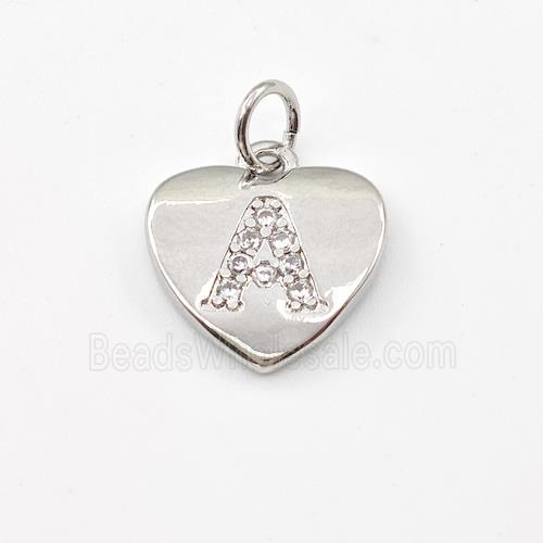Copper Heart Pendant Pave Zirconia Letter-A Platinum Plated