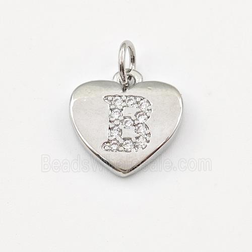 Copper Heart Pendant Pave Zirconia Letter-B Platinum Plated