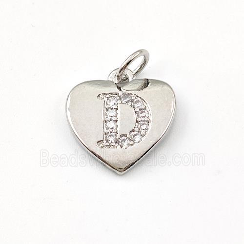Copper Heart Pendant Pave Zirconia Letter-D Platinum Plated