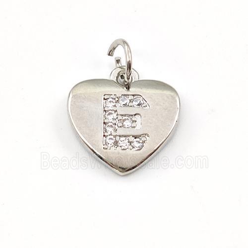Copper Heart Pendant Pave Zirconia Letter-E Platinum Plated