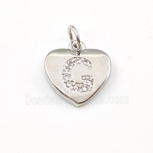 Copper Heart Pendant Pave Zirconia Letter-G Platinum Plated