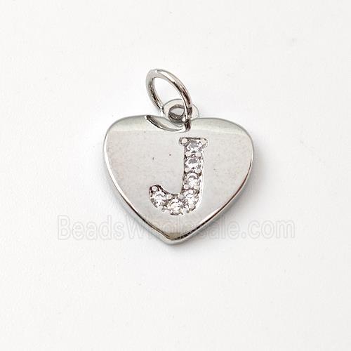 Copper Heart Pendant Pave Zirconia Letter-J Platinum Plated