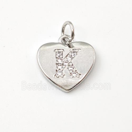 Copper Heart Pendant Pave Zirconia Letter-K Platinum Plated