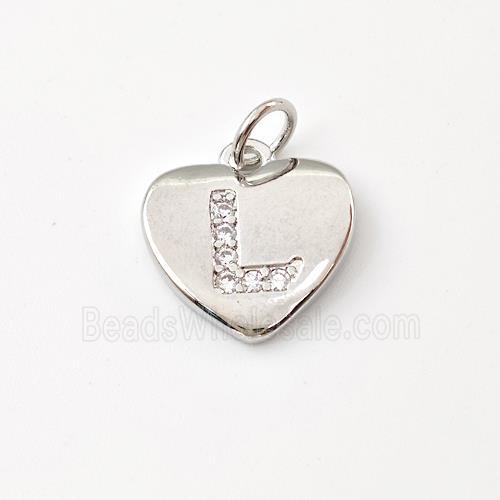 Copper Heart Pendant Pave Zirconia Letter-L Platinum Plated