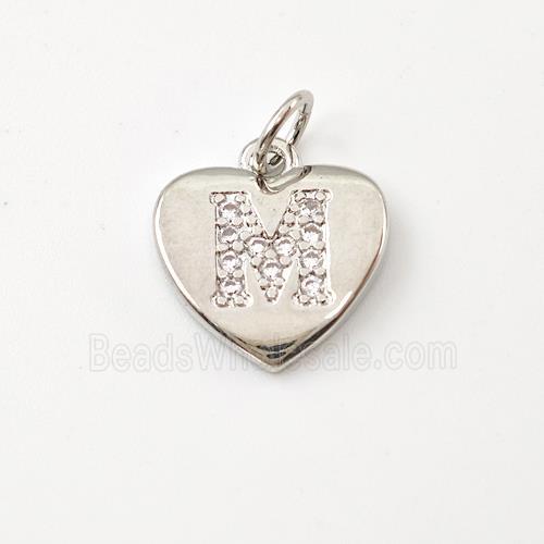 Copper Heart Pendant Pave Zirconia Letter-M Platinum Plated