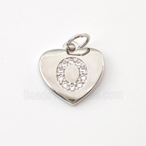 Copper Heart Pendant Pave Zirconia Letter-O Platinum Plated