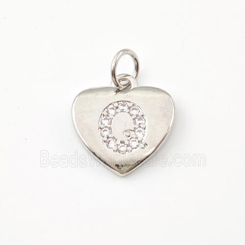 Copper Heart Pendant Pave Zirconia Letter-Q Platinum Plated