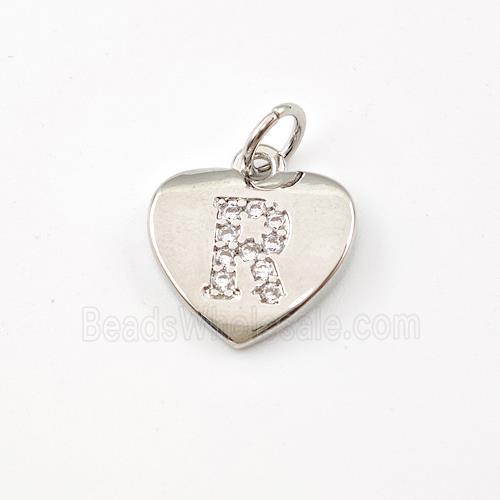Copper Heart Pendant Pave Zirconia Letter-R Platinum Plated
