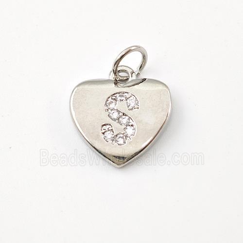 Copper Heart Pendant Pave Zirconia Letter-S Platinum Plated