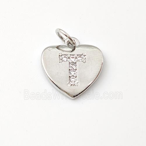 Copper Heart Pendant Pave Zirconia Letter-T Platinum Plated