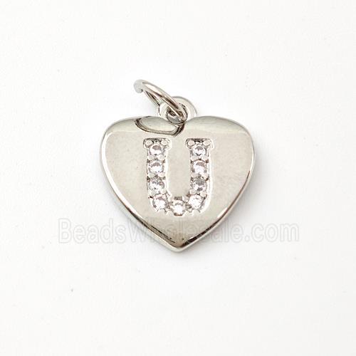 Copper Heart Pendant Pave Zirconia Letter-U Platinum Plated