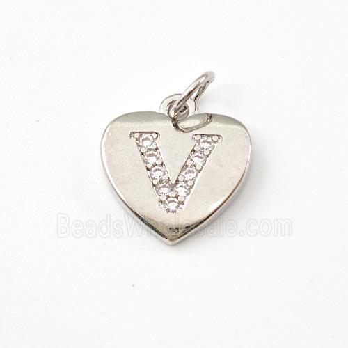 Copper Heart Pendant Pave Zirconia Letter-V Platinum Plated