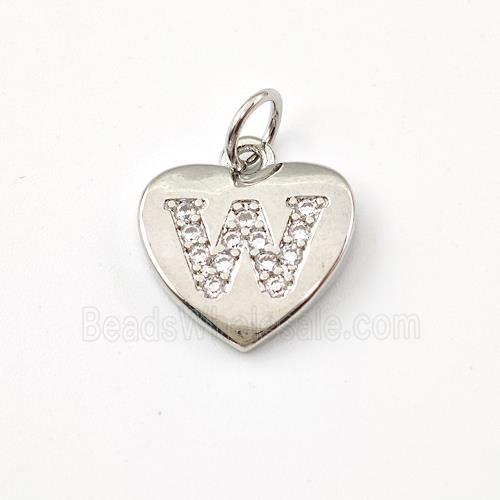 Copper Heart Pendant Pave Zirconia Letter-W Platinum Plated