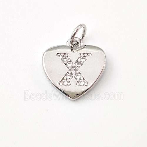 Copper Heart Pendant Pave Zirconia Letter-X Platinum Plated