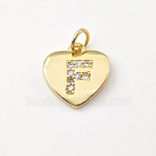 Copper Heart Pendant Pave Zirconia Letter-F Gold Plated