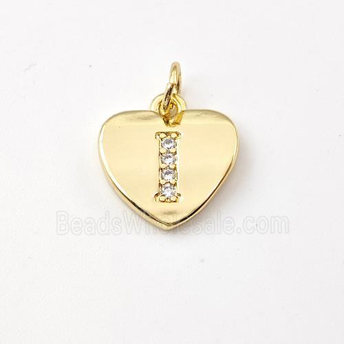 Copper Heart Pendant Pave Zirconia Letter-I Gold Plated