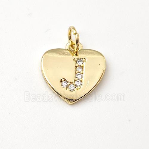 Copper Heart Pendant Pave Zirconia Letter-J Gold Plated