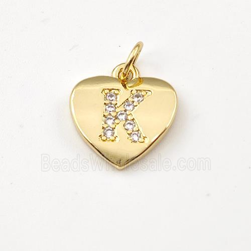 Copper Heart Pendant Pave Zirconia Letter-K Gold Plated