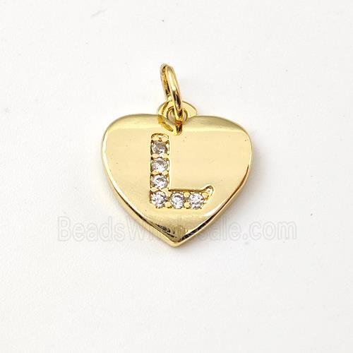 Copper Heart Pendant Pave Zirconia Letter-L Gold Plated