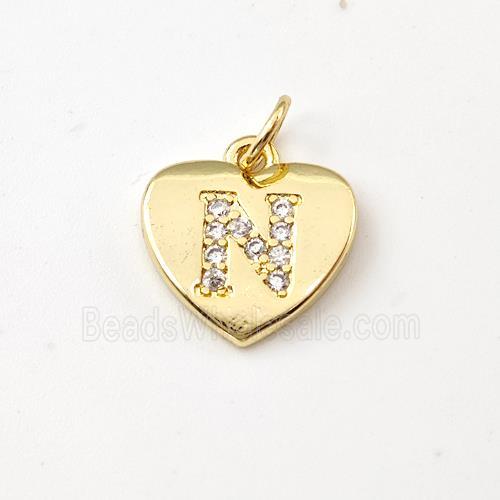 Copper Heart Pendant Pave Zirconia Letter-N Gold Plated