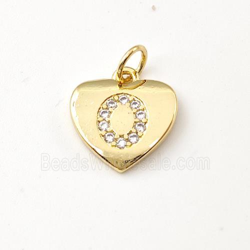 Copper Heart Pendant Pave Zirconia Letter-O Gold Plated