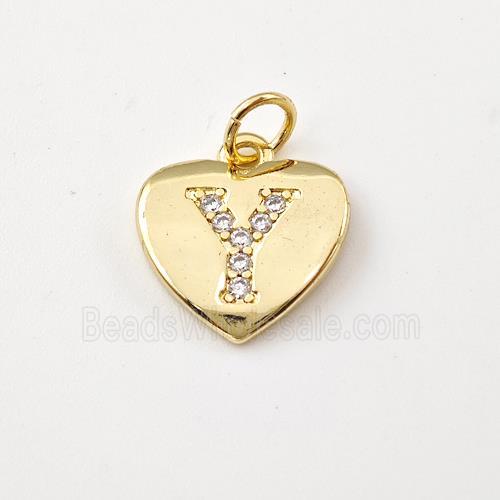 Copper Heart Pendant Pave Zirconia Letter-Y Gold Plated